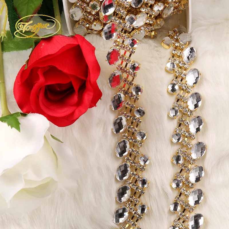 

1 YD Asymmetry Gold and silver color DIY Rhinestone chain Zircon crystal mesh rhinestone Wedding Dresses Rhinestone accessories