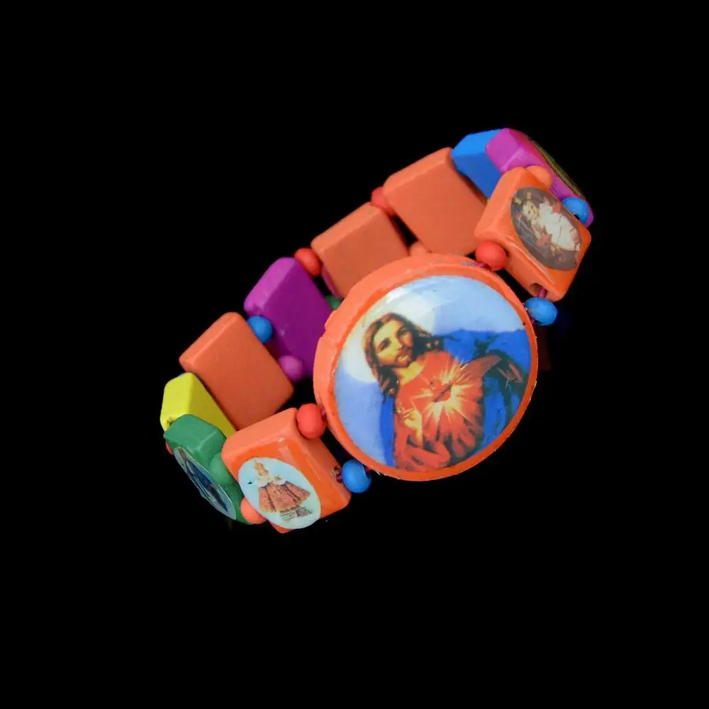 Кристиан Красочные Прямоугольник Бисера Упругие Браслеты Вуди Четки Иисус