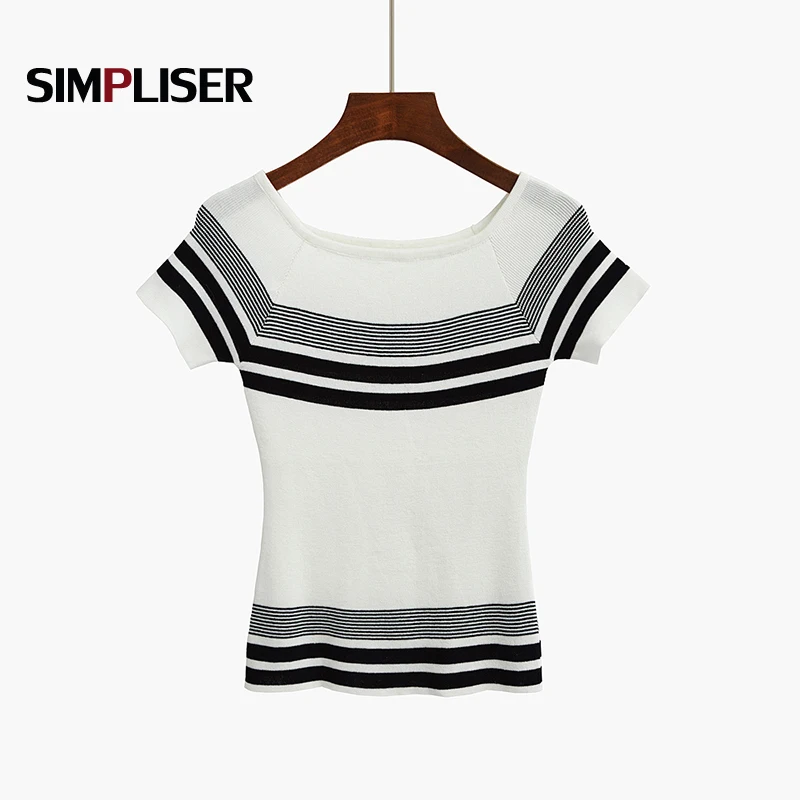 Basic Knitting Tees Women 2019 Summer Off Shoulder Short Sleeve Pullovers Cool Sweaters Striped Femme Pull Black White Stretch | Женская