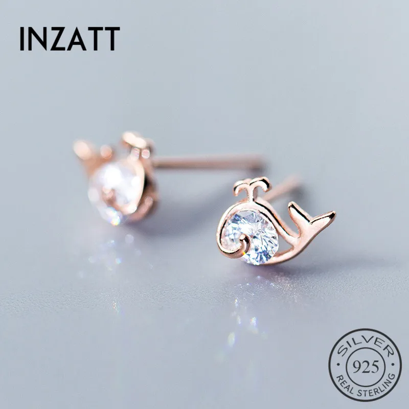 INZATT, настоящее 925 пробы, серебряные, милые, крошечный циркон, Кит, серьги-гвоздики для милых женщин, вечерние, модные ювелирные изделия, розовое золото, цвет, подарок