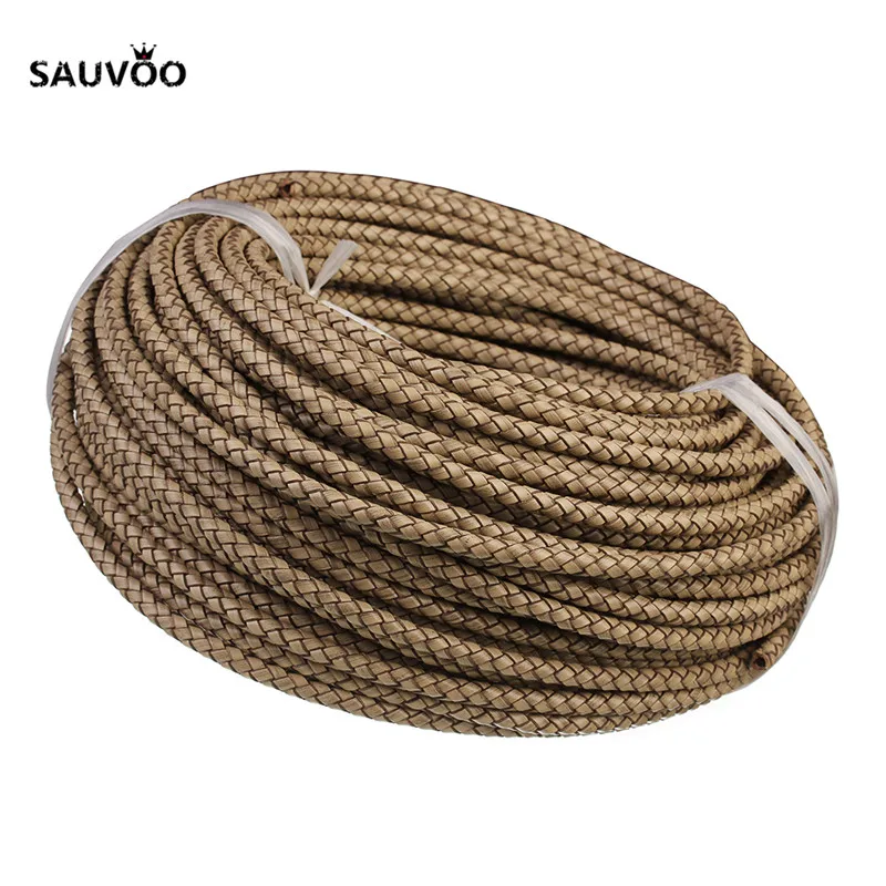 Beige Sauvoo 1 метр круглый плетеный коричневый бежевый Шнур из натуральной кожи нить 6 мм для DIY мужчин женщин браслет и ожерелье Фурнитура - Цвет: Beige