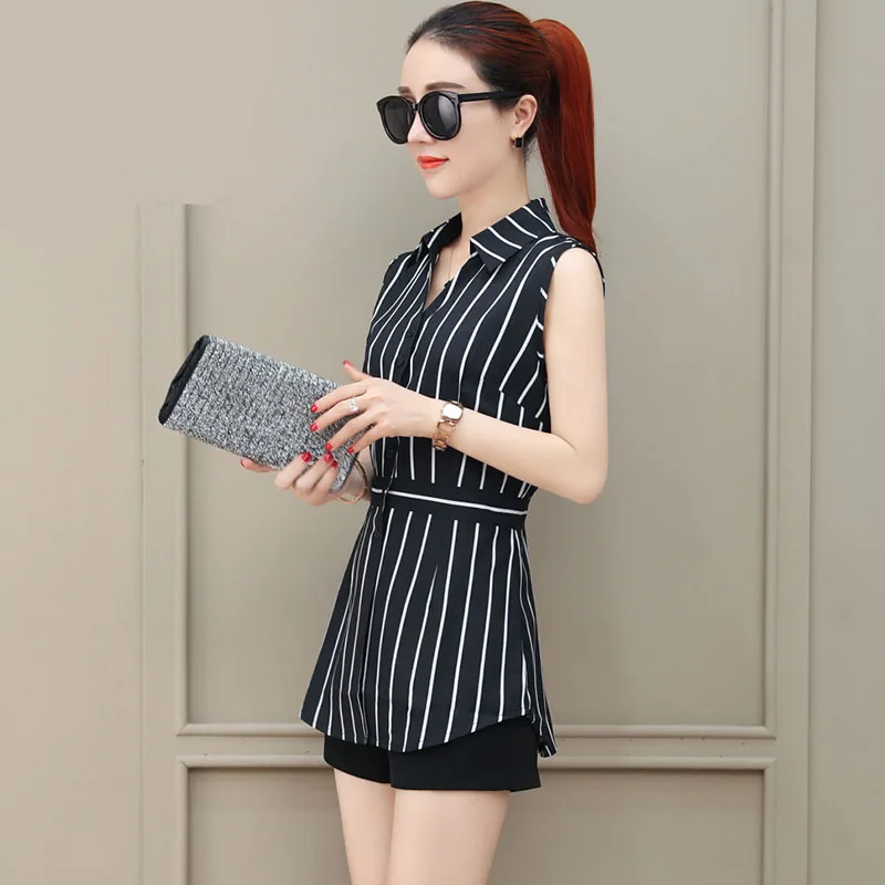 

Women Summer Long Style Chiffon Blouses Shirts Lady Casual Sleeveless Striped Turn-down Collar Blusas Tops Black White DD1927