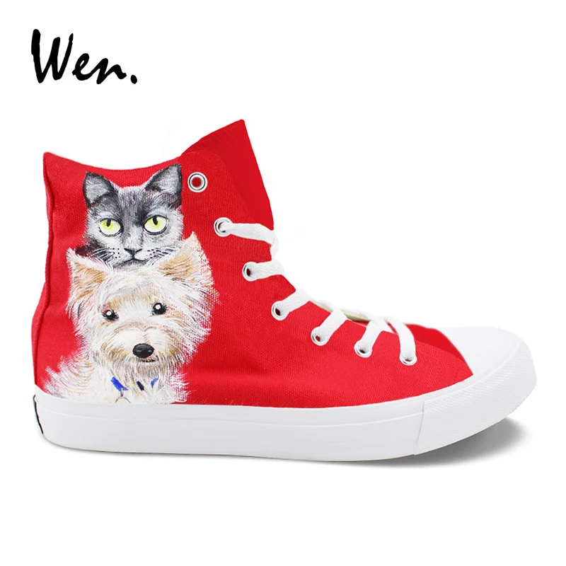 

Wen Original Custom Hand Painted Design Red Shoes Toy Group Pet Dog Cat High Top Womens Canvas Sneakers Skateboard Mens Shoes