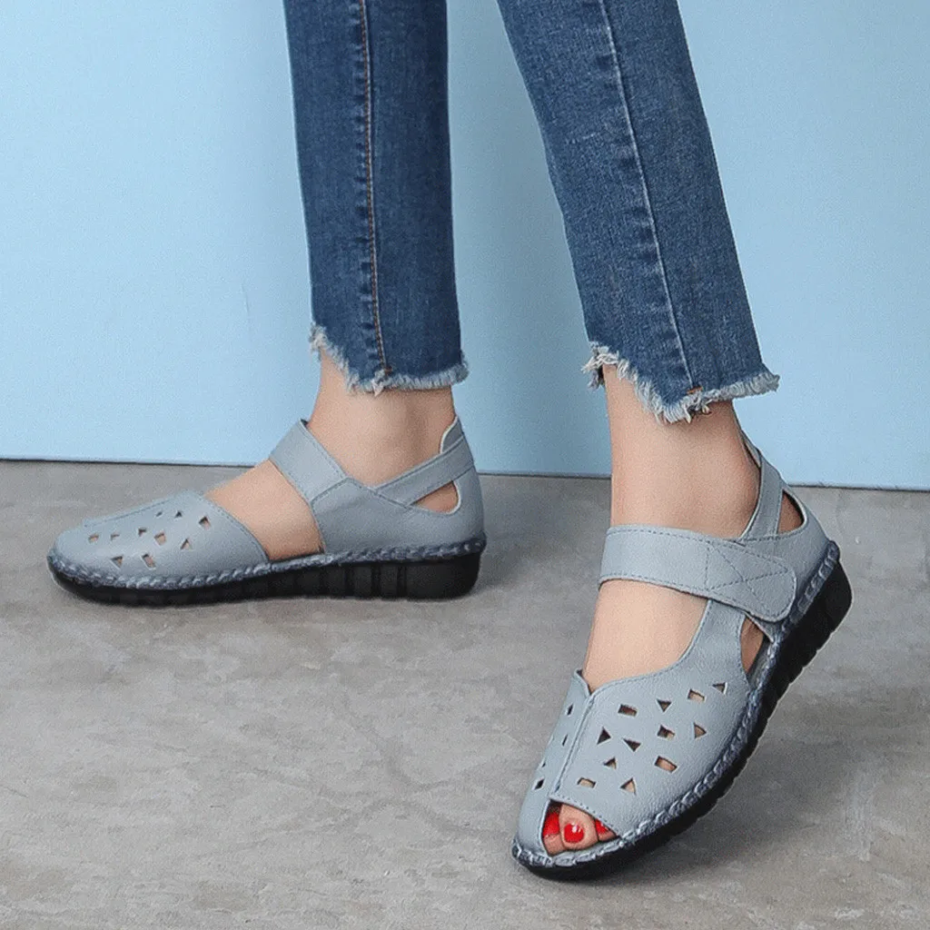 Women's Sandals Soft Bottom National Fish Mouth Ladies Sandals Summer Hollow Flat Shoes Female Soft Beach Shoes Chaussures C40