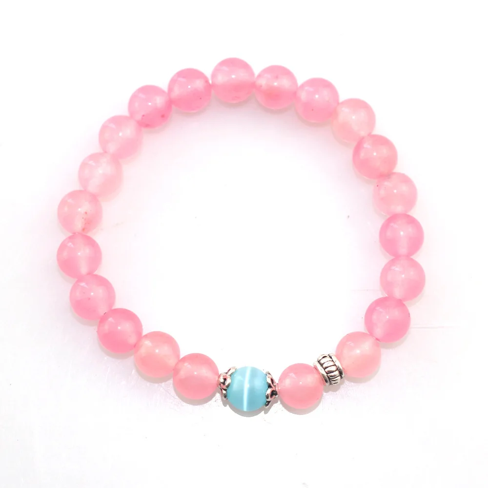 New design DIY powder jade blue cat eyes single-circle hot selling Valentine's Day present natural yoga stone elastic Bracelets |