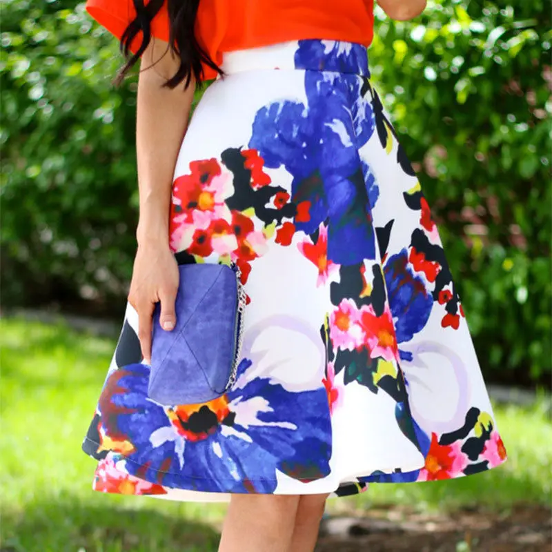 

2016 Newest Women Summer Skirts Floral Printing Chinese Style High Waist Skirts Fashion A Line Flared Skirts