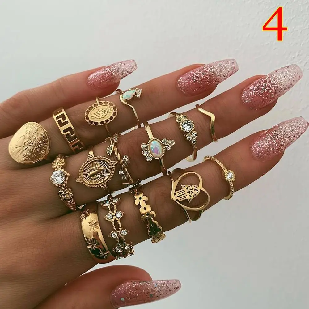 4-15PCS 1 комплект, винтажные кольца для женщин геометрической формы, в стиле бохо, серебряная черепаха, Кит, хвост, волны, набор колец, кастет пальца, очаровательные волнистые кольца, ювелирные изделия - Цвет основного камня: 4-15PCS