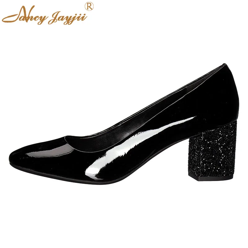 

Nancyjayjii Black Shiny Leather Bling Heel Women’S Pumps Round Toe High Chunky Heels Ladies Office Party Fashion Shoes 2021 9.5