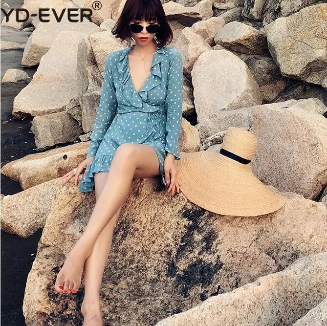 Women The Alexandra - Dusty Blue Spot Polka Dot Printed Long Sleeve Deep V Neck Ruffle Wrap Mini Dress With Belt | Женская одежда