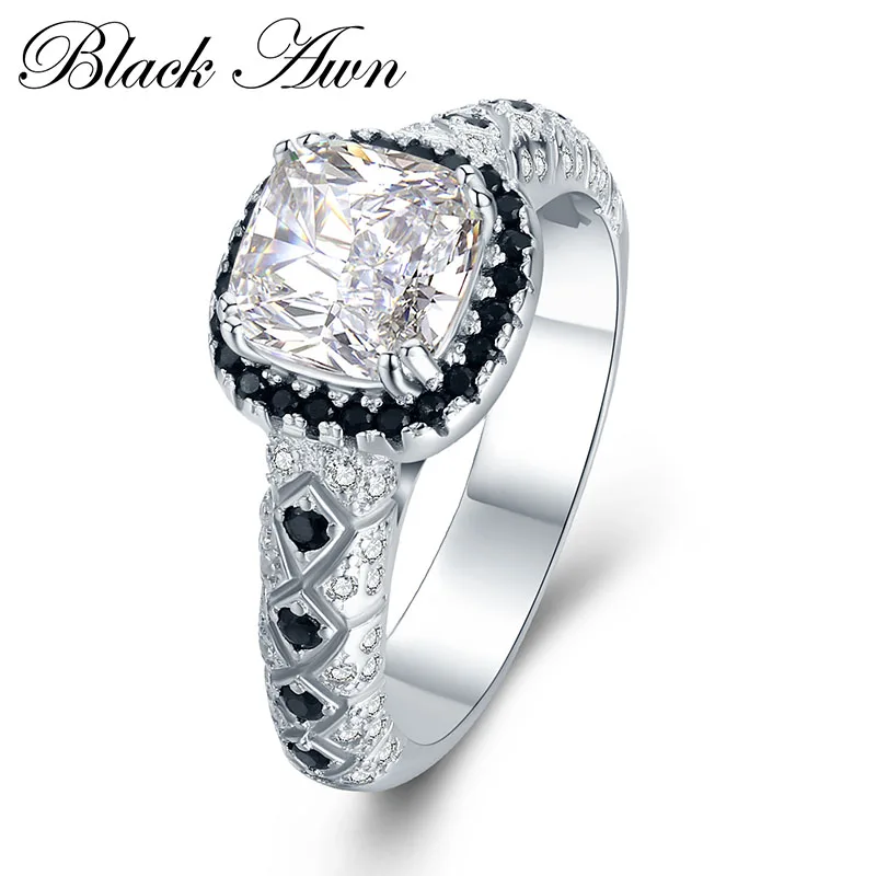 

[BLACK AWN] 925 Sterling Silver Jewelry Wedding Rings for Women Black&White Stone Engagement Ring Femme Bijoux Bague C410