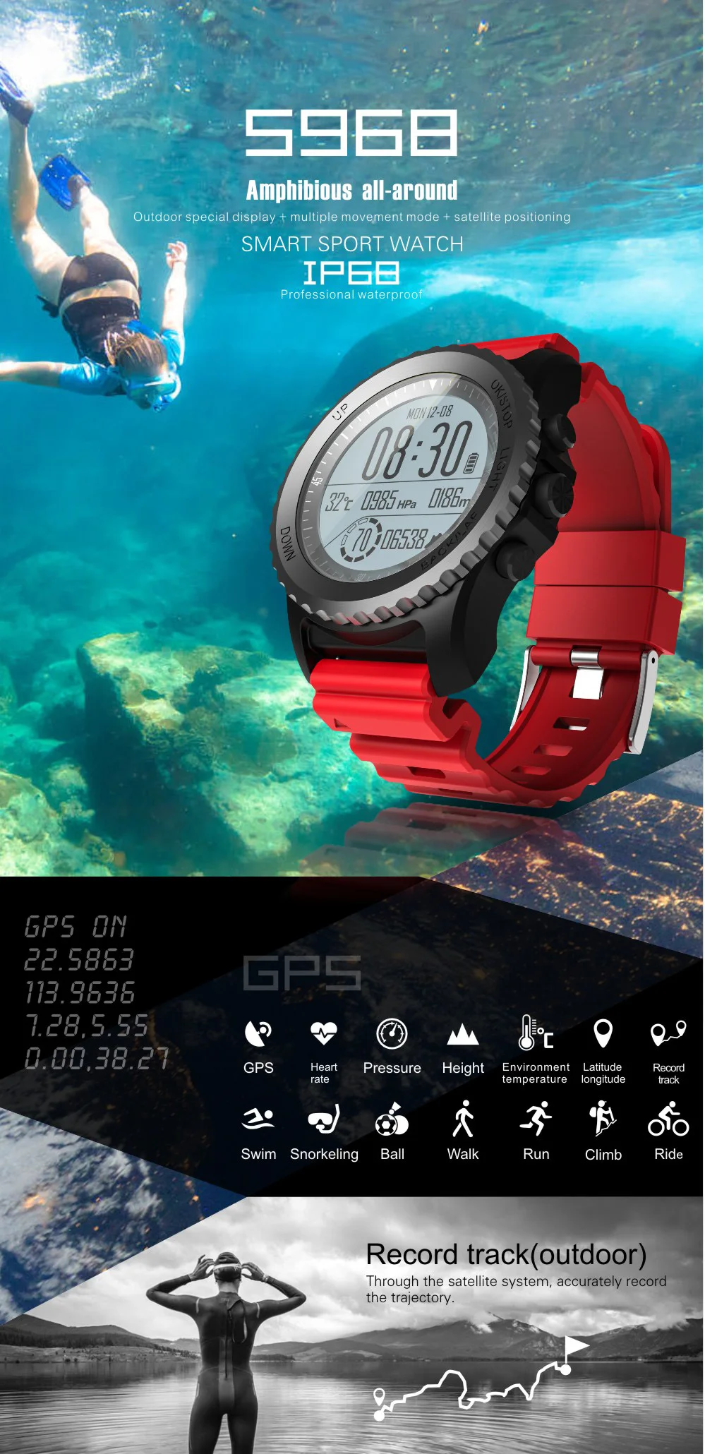 JingTider Профессиональные уличные спортивные Смарт-часы S968 gps часы монитор сердечного ритма скалолазание плавание Подводное плавание водонепроницаемый IP68