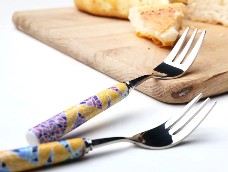 6 Pcs Cybil Colorful Geometric Pattern Stainless Steel Forks with Ceramic Handle for Tea and Cake Dessert 15cm | Дом и сад
