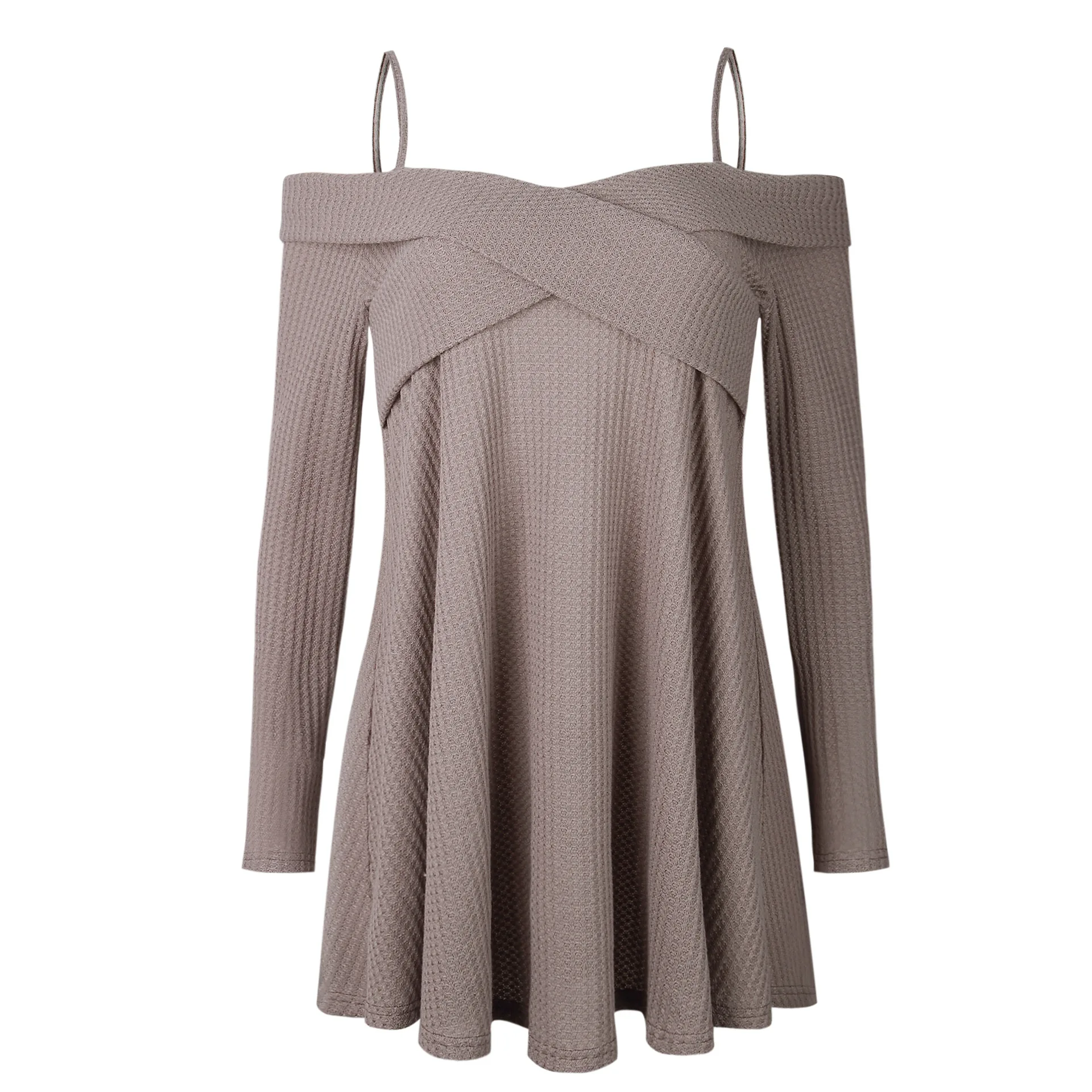 Sexy Cold Shoulder Criss Cross Tunic Sweater Casual Solid Spaghetti Strap Long Sleeve Pleated Pullover Jumpers Ladies Loose Tops | Женская