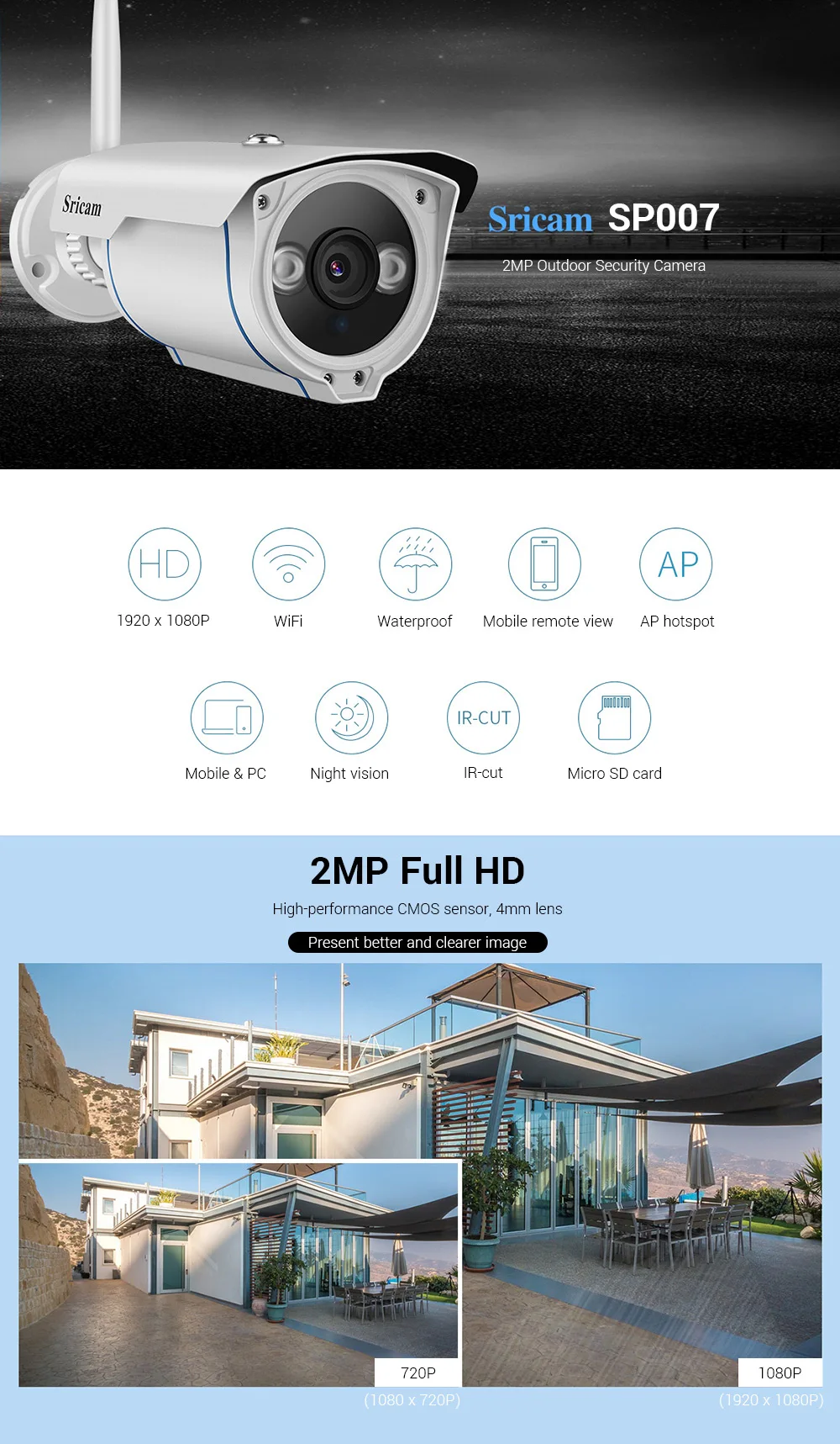 Sricam SP007 1080P HD 2,0 МП беспроводная камера видеонаблюдения ip-камера ночного видения Водонепроницаемая наружная беспроводная камера для смартфона ПК IR Cut