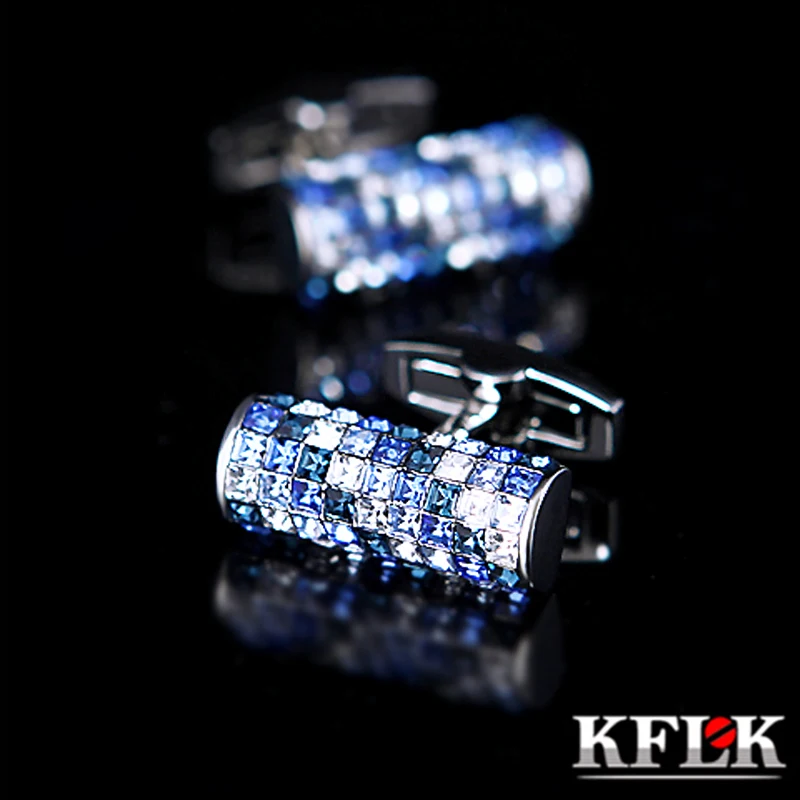 

KFLK ювелирные изделия рубашка запонки для мужчин бренд синий и белый кристалл запонки роскошные свадебные кнопки высокое качество гостей
