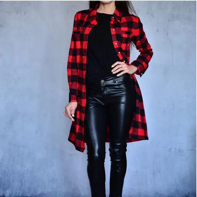 Женская длинная рубашка Dioufond красная клетчатая блузка приталенная Повседневная