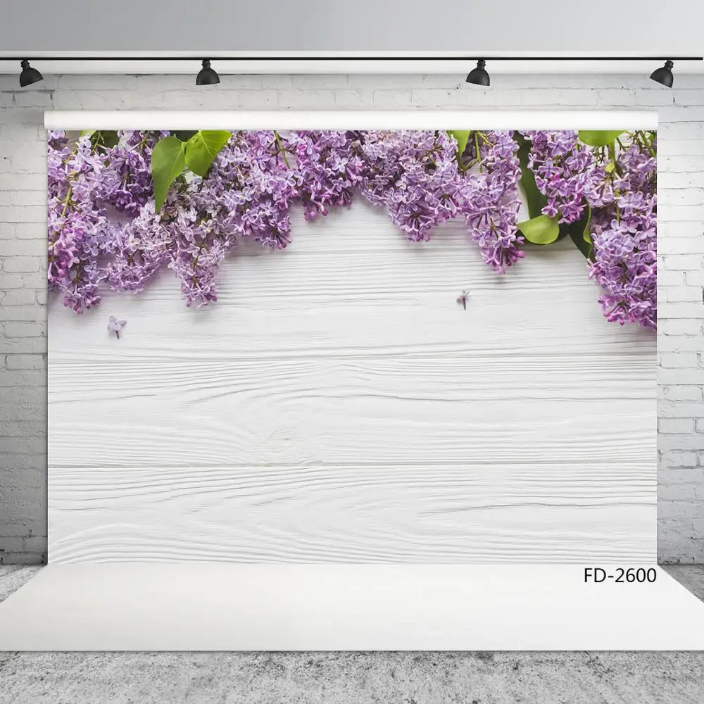 Белый деревянный фон для фотосъемки из виниловой ткани с фиолетовыми цветами