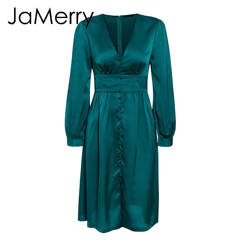 Бирюзовый JaMerry, винтажное, сексуальное, атласное, женское, миди платье, с длинным рукавом, на пуговицах, высокая талия, для девушек, для вечеринки, платье, элегантное, одноцветное, розовое, зеленое, vestidos - Цвет: Бирюзовый