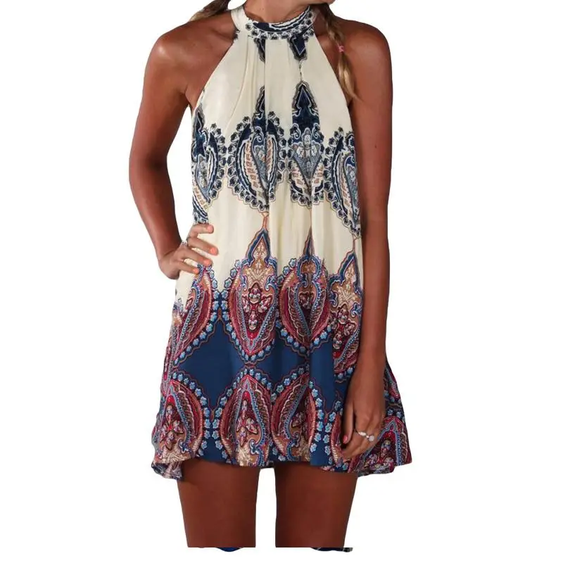 2017 женские сексуальные Boho Летнее платье Printed Halter Стиль рукавов пляж вечерние