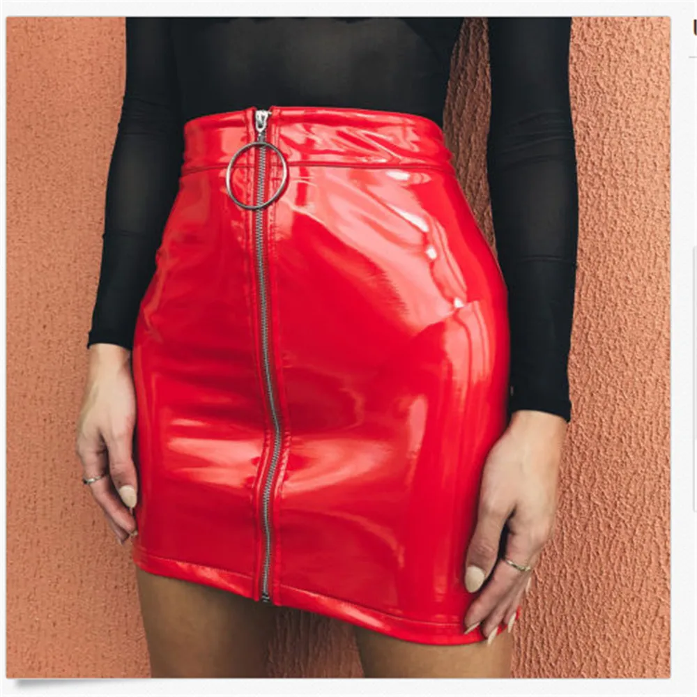 

Women Summer Sexy High Waist Circle Zipper Shiny PU Leather Mini Short Pencil Skirt 2019 New