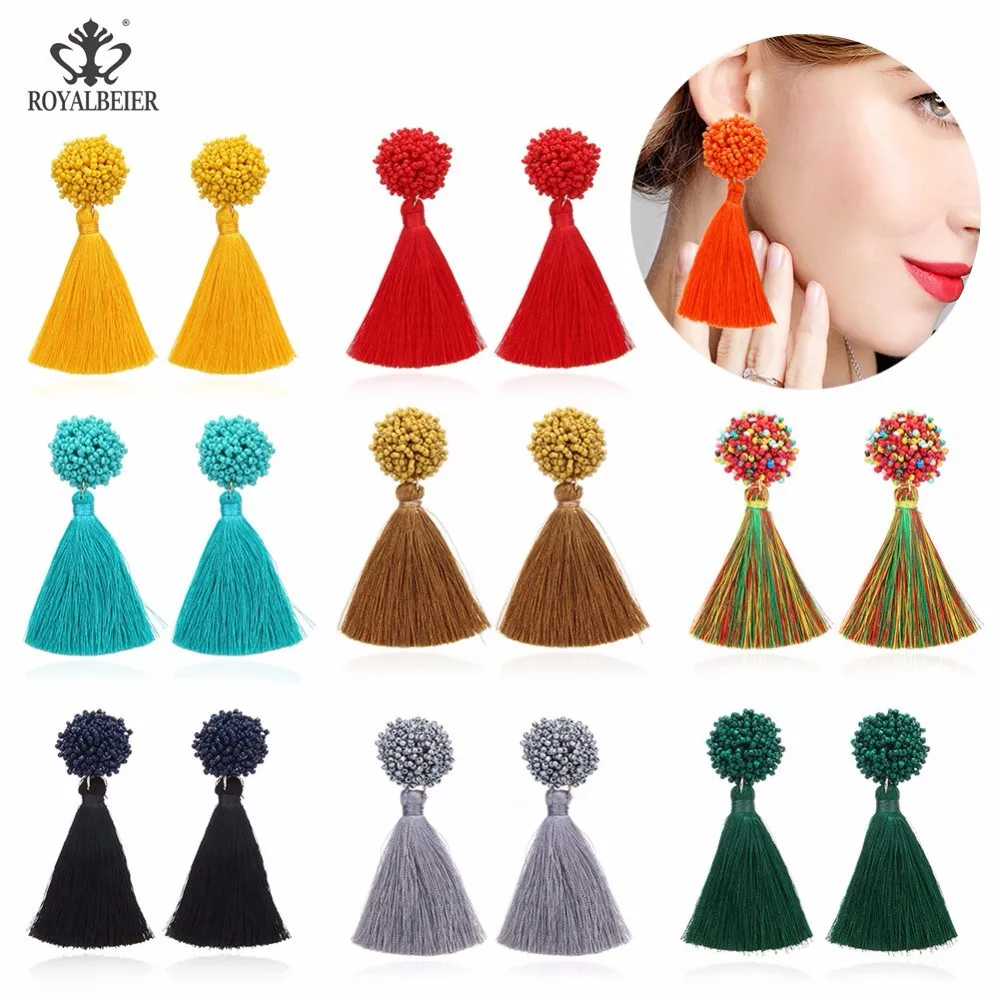 ROYALBEIER Boho Handmade Colorful Tassel Earring for Women Resin Beads Statement Drop Dangle Earrings Female Party Gifts Jewelry | Украшения