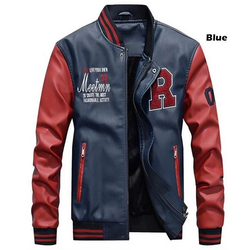 Dark Blue Wish103 Новинка, мужская куртка из искусственной кожи, брендовая бейсбольная куртка с вышивкой, мужская повседневная Роскошная зимняя теплая флисовая куртка-пилот - Цвет: Dark Blue Wish103