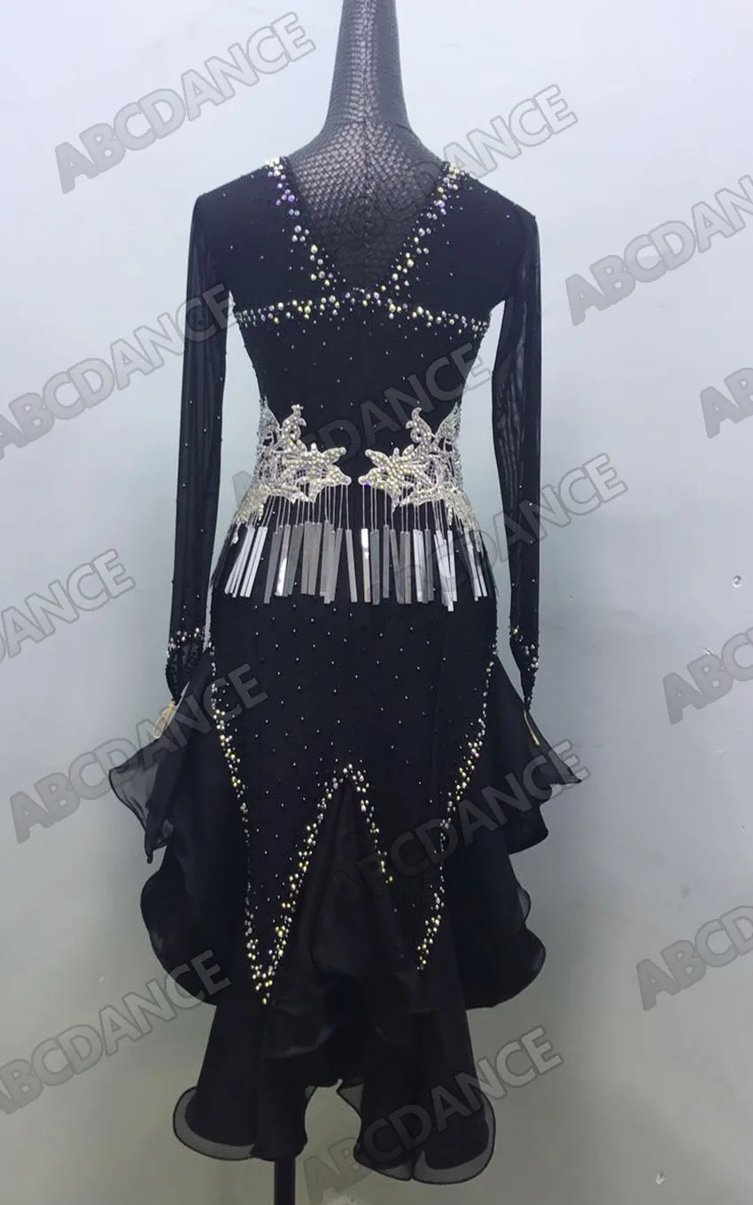 

Latin Dance Dress competition for women latin dancing costume Black dancewear bead fringe dancing wear attach paillette