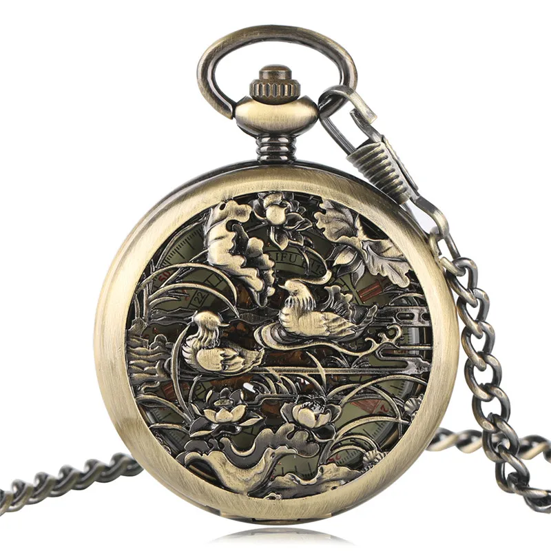 

Retro Bronze Hollow Lover Birds Engraved Mechanical Pocket Watch Self-Winding Pendant Pocket Watches Clock Valentine's Day Gifts