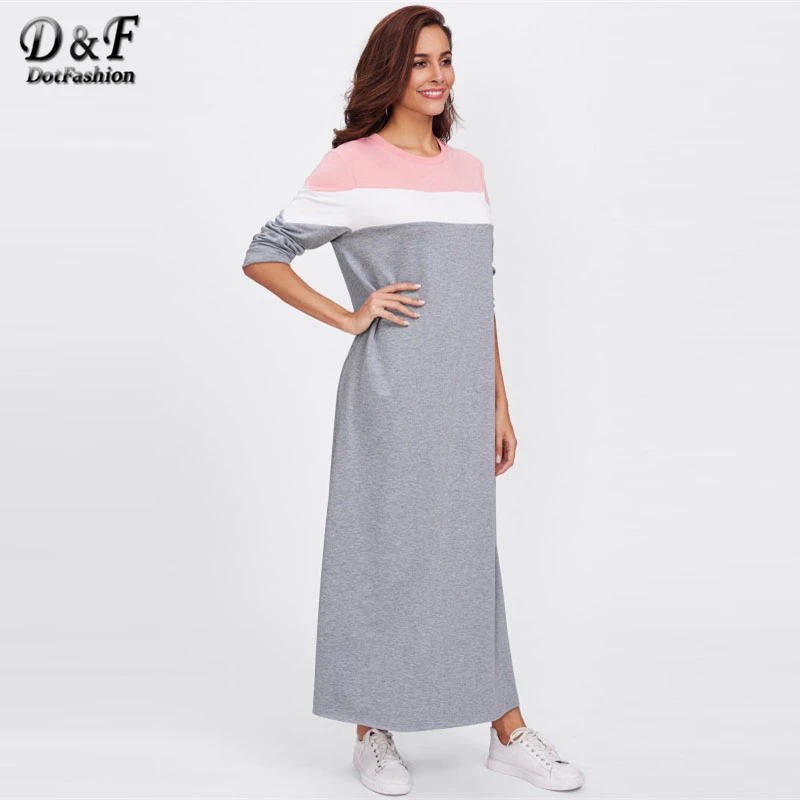 Dotfashion платье-толстовка с вырезом и вышивкой, разноцветное платье с круглым вырезом, Осеннее женское платье, платье с длинным рукавом