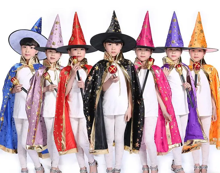 Ropa de Carnaval para niños, disfraz de mago, capa de bruja para fiesta de Halloween, juego de rol, sombrero, 3-12 años, novedad de 2020