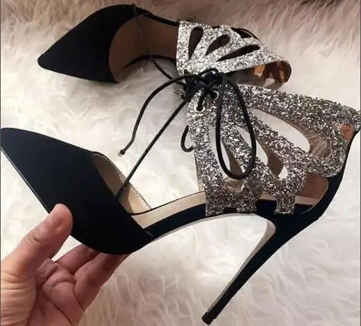 

Женские блестящие сандалии Moraima snc, летние туфли из флока на высоком каблуке со шнуровкой, 2019