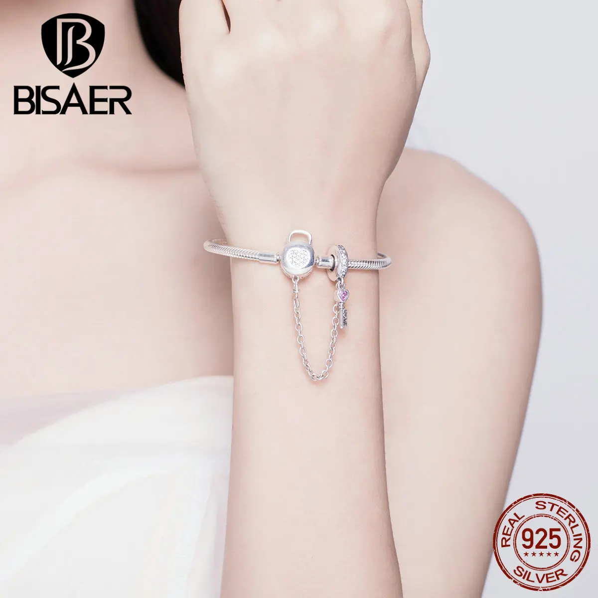 BISAER модный браслет-цепочка с розовым сердцем, 925 пробы, серебро, подходят к оригинальному пану, подвески, ювелирные изделия HSB143