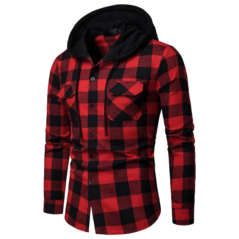 

Fashion Checkered Men Hooded Patchwork Long Sleeve Chemise Homme Plaid Shirt Male Hipster Hip Hop streetwear Camisa Hombre