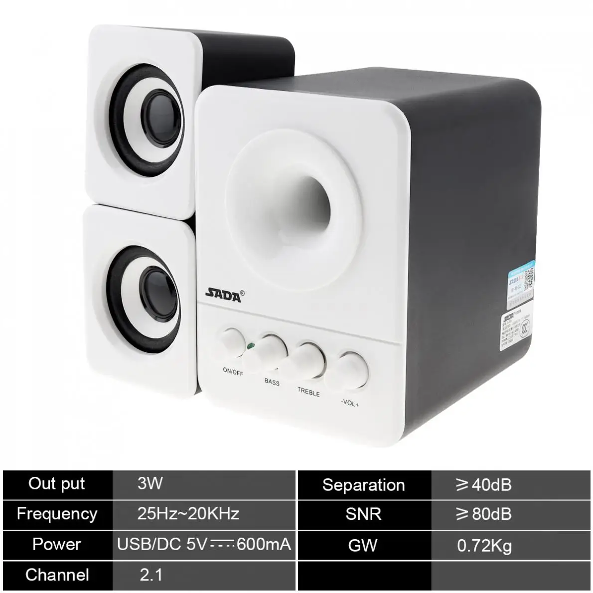 SADA Wired Mini Bass Cannon 3W PC Combination Speaker Column Computer Speaker with 3.5mm Stereo Jack and USB 2.1 Wired Powered images - 6