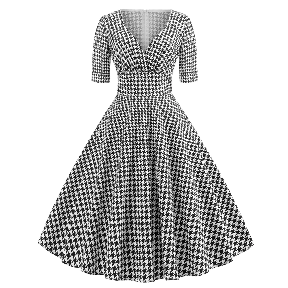 

2022 Summer Women Vintage Plaid Dress Sexy V Neck Half Sleeve Robe Retro Casual Party Rockabilly 50s 60s Houndstooth Swing Dress