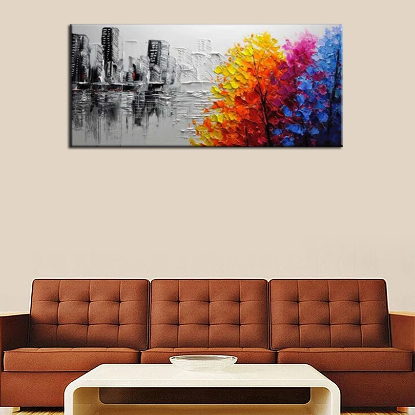 

Artist Hand-painted High Quality Modern Abstract colorful trees and black city Oil Painting on Canvas for Living Room Decoration