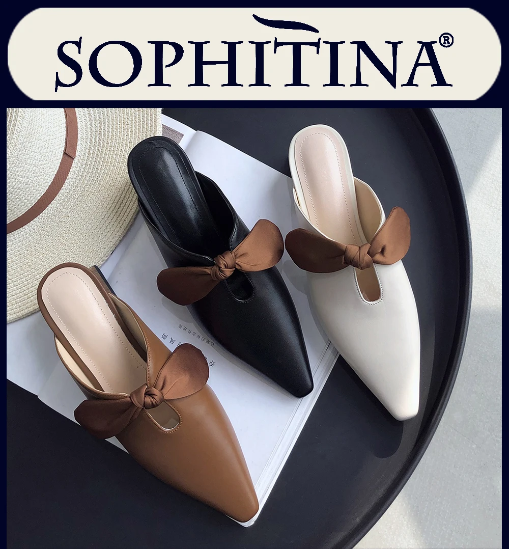 SOPHITINA/Новые женские сабо на лето 2019г. Модные босоножки из высококачественной коровьей кожи. Повседневные женские сандалии с бантиком-бабочкой.Летняя обувь с открытой пятной на стильном моденом низком каблуке.SO35