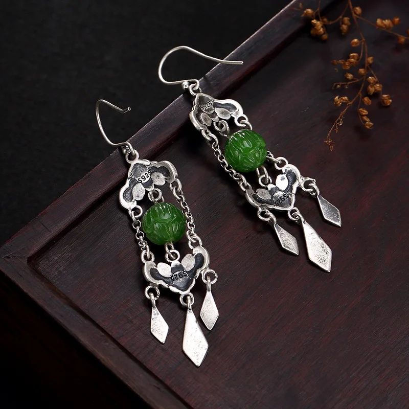 2018 New silver S925 pure antique mosaic and jade lotus flower plum blossom in front of Lady earrings earrings. | Украшения и
