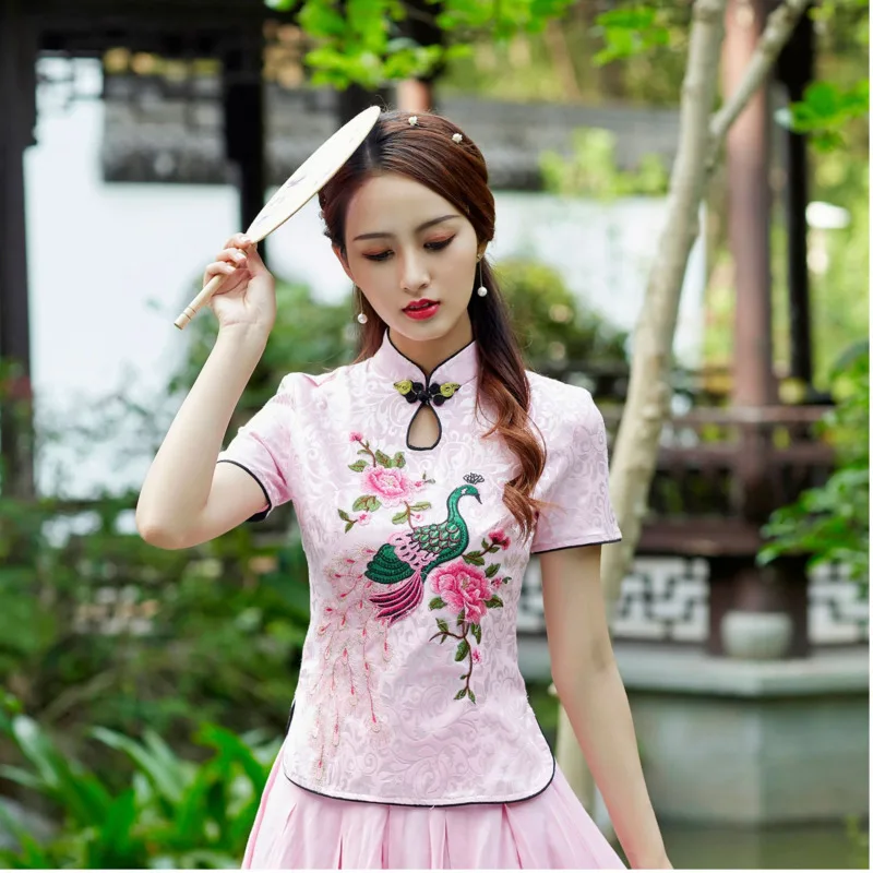 Sheng Coco, женские топы с вышивкой Феникса, китайские модифицированные рубашки Cheongsam, топы, летние жаккардовые хлопковые литературные Рубашки, Топы синего цвета