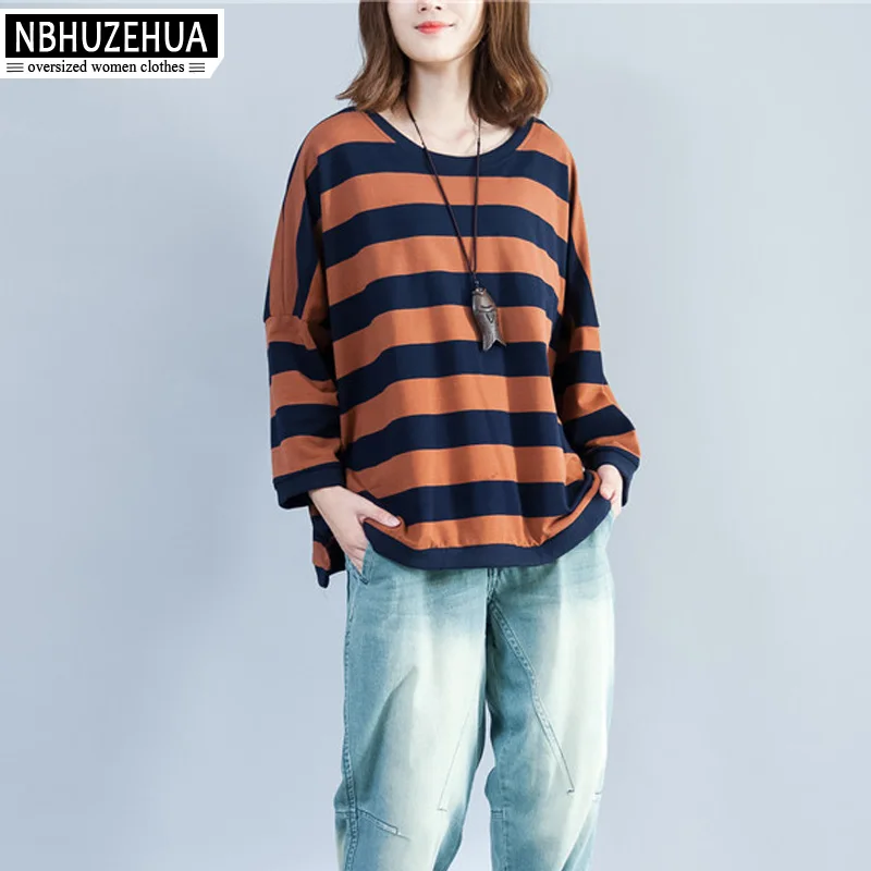 NBHUZEHUA SY1758 4XL 5XL 6XL полосатая футболка Женские Большие размеры корейский стиль