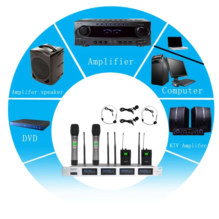 Freeboss 4 Way 4*100 каналов PLL ИК частота UHF беспроводной микрофон с 2 металлическими ручками 2 тела пакет передатчик KTV Mic