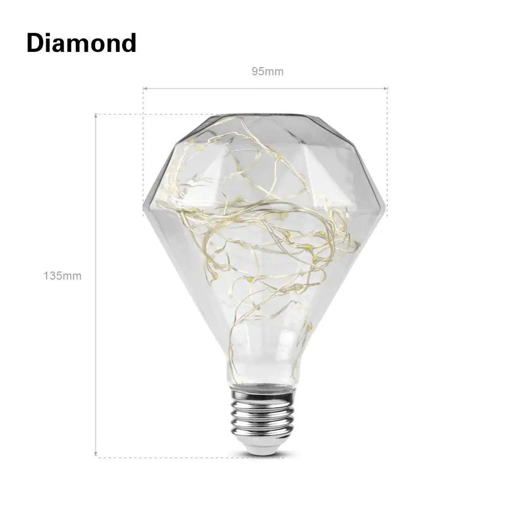 Diamond E27 110V 220V Ретро лампа Эдисона 3D светодиодный светильник фейерверк медная проволочная струна винтажный светодиодный светильник ST64 G125 Светодиодный светильник накаливания Декор - Цвет: Diamond