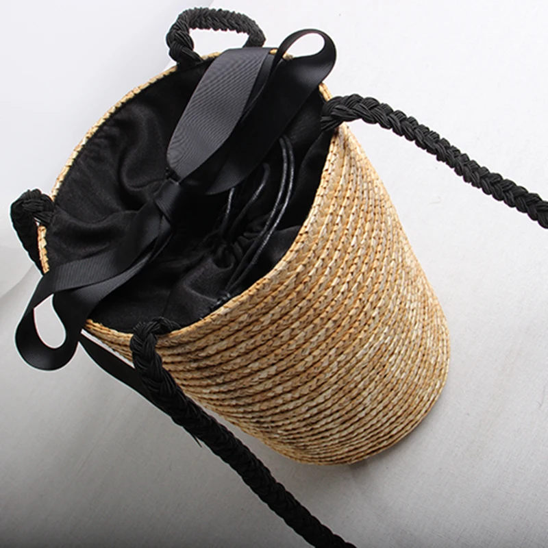 HCH Bucket цилиндрические соломенные сумки с бантом из пшеничной соломы тканые
