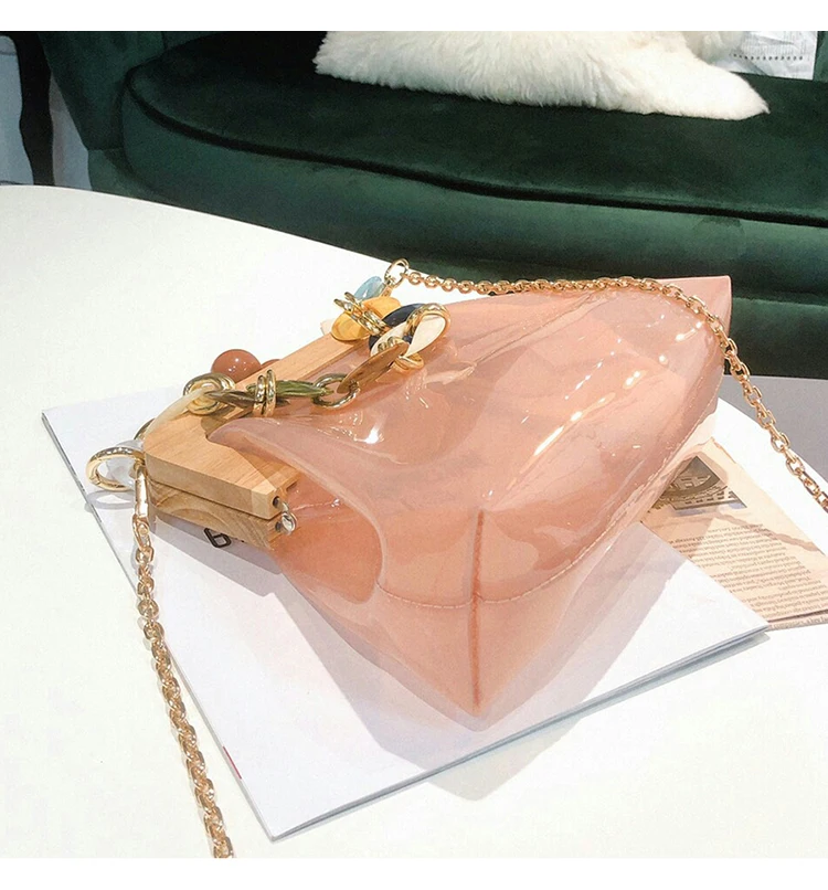 Wood Clip PVC Clear Jelly Handbag Woman New Designer Korean Acrylic Chain Transparent Jelly Shoulder Bag Clutch Female