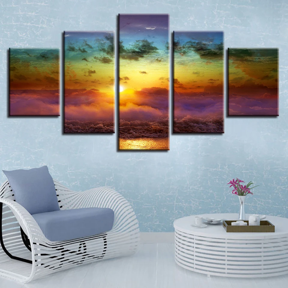 

Living Room Wall Home Decor Art Pictures HD Printed 5 Panel Sunrise Ocean Landscape Modern Painting On Canvas Poster Framework