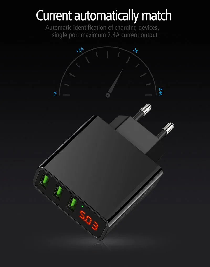 Зарядное устройство для мобильного телефона, USB настенный адаптер питания, светодиодный дисплей, штепсельная вилка европейского стандарта 2.4A, умный адаптер быстрой зарядки для IPhone, samsung, Xiaomi, huawei