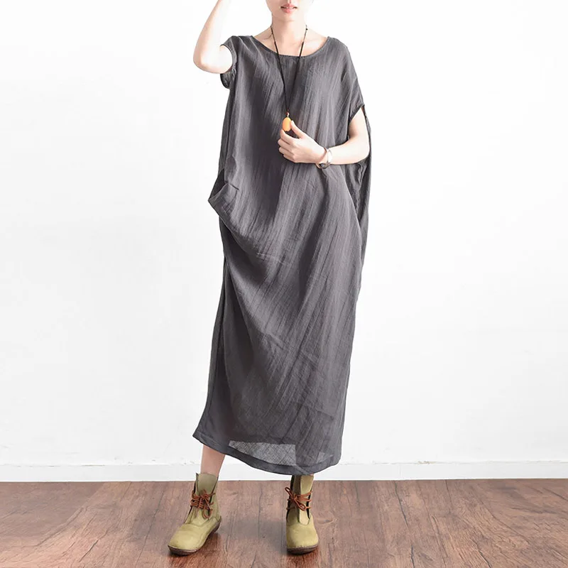 

Vintage Summer Women Dress folk-custom Loose Short Sleeve Cotton linen Long Dress Asymmetric Women Clothing