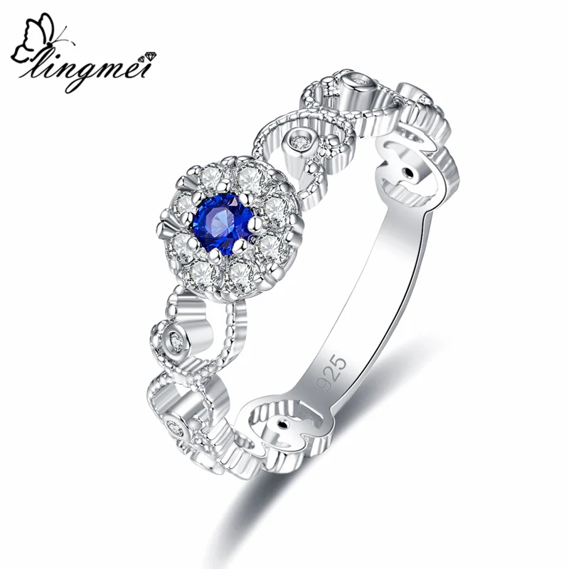 Lingmei Pretty, модное женское кольцо, простой стиль, круглая огранка, Красный& Синий& Белый циркон, серебро 925 пробы, ювелирное изделие, кольцо 925, размер 6, 7, 8, 9, подарки - Цвет основного камня: Синий