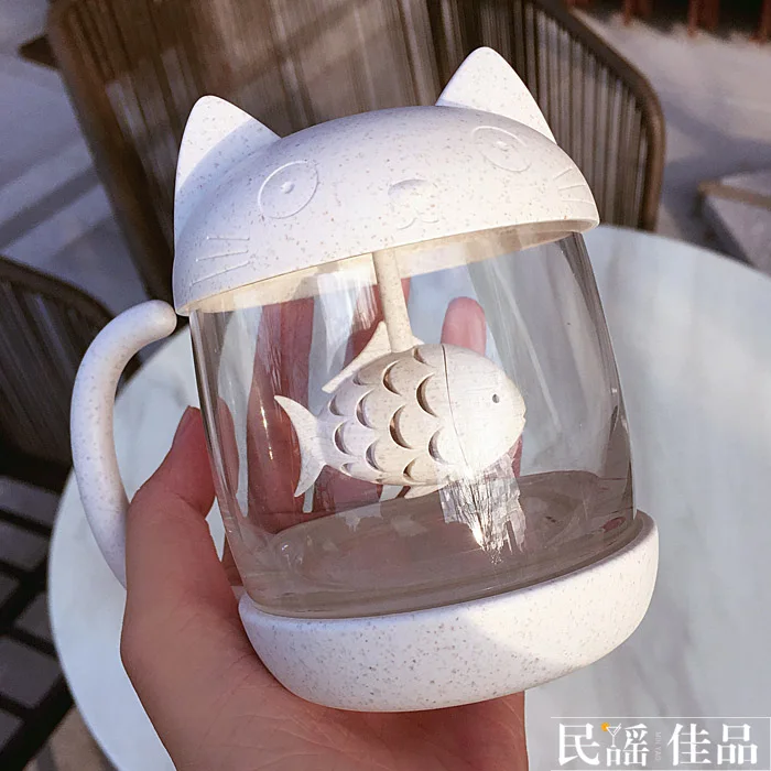Мультяшная кошка чайная чашка с рыбным фильтром высококачественный силикон стеклянная сетка для процеживания чашка необычная Кружка Чайный Набор