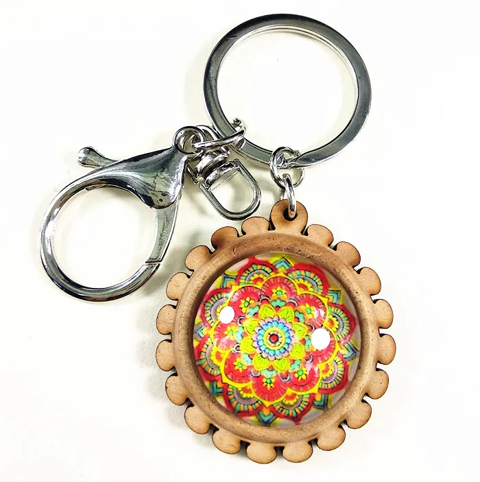 1pcs Bandanna Paisley Keychain Mandala Flower Vintage Key buckle Wood Tray base Buddhist cultural for men women party gift | Украшения и